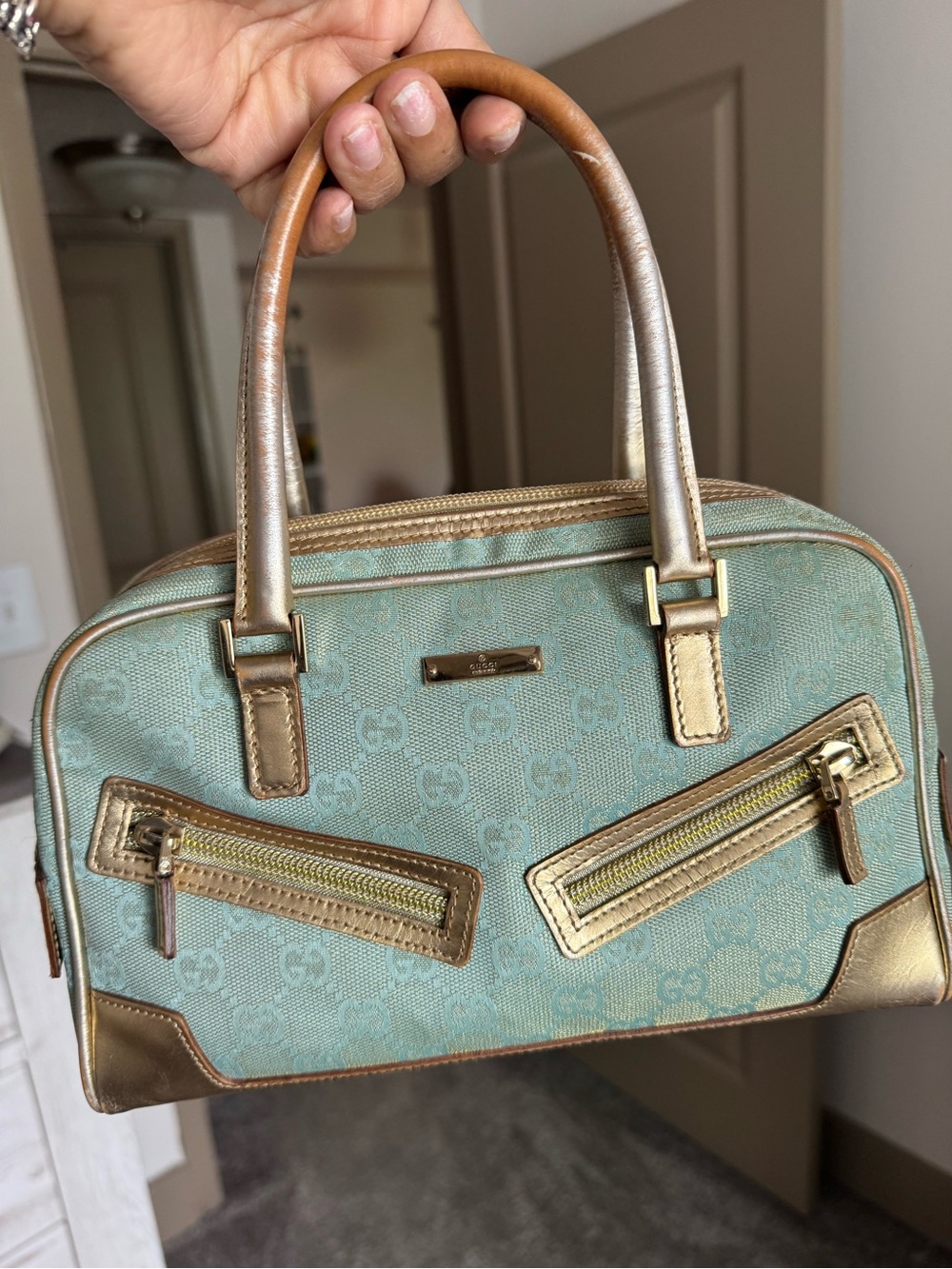 Gucci Mint Green and Metallic Gold GG Canvas Satchel